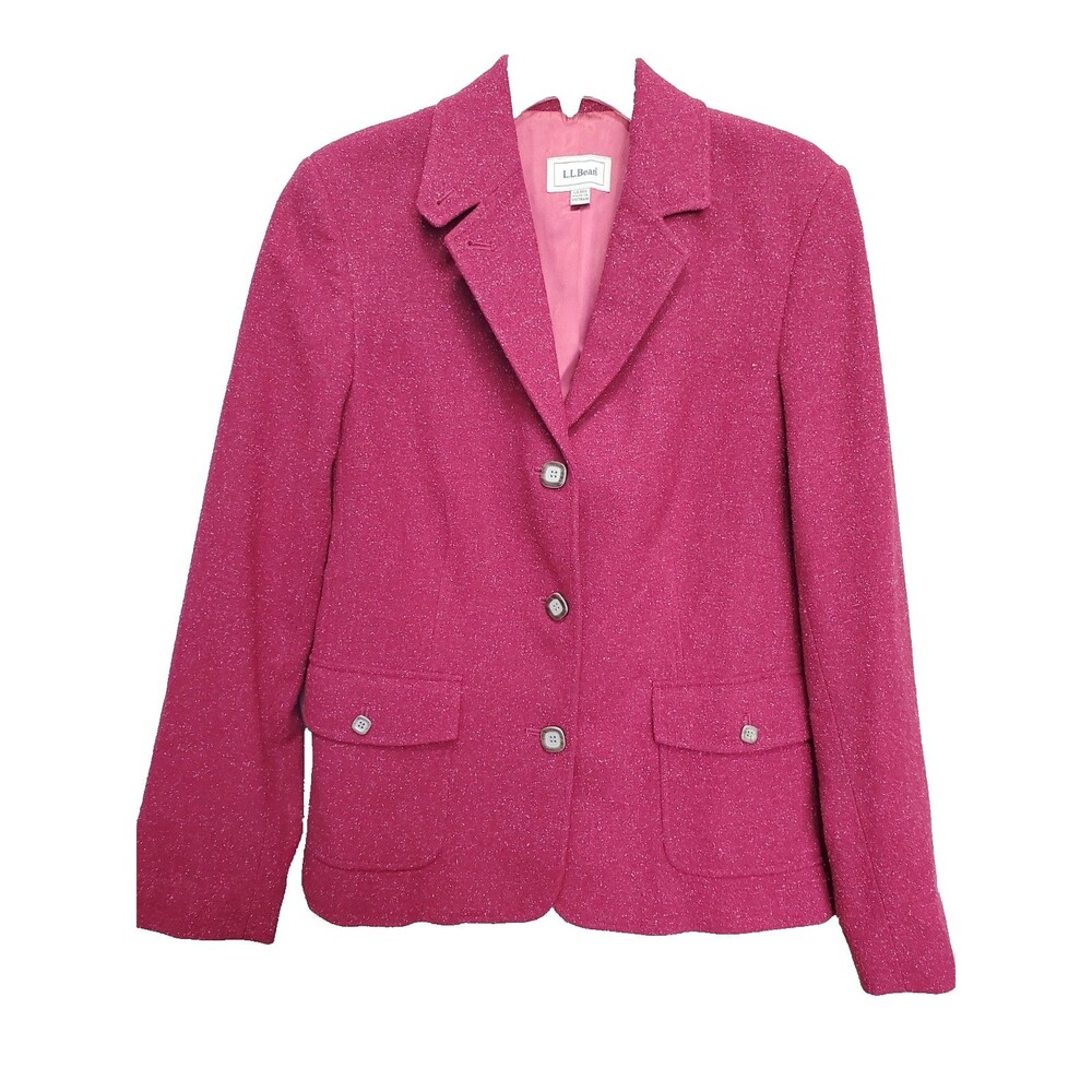 L.L. Bean Women's Dark Pink Flecked Wool/Silk Blend Lined Button-Up Blazer Sz L